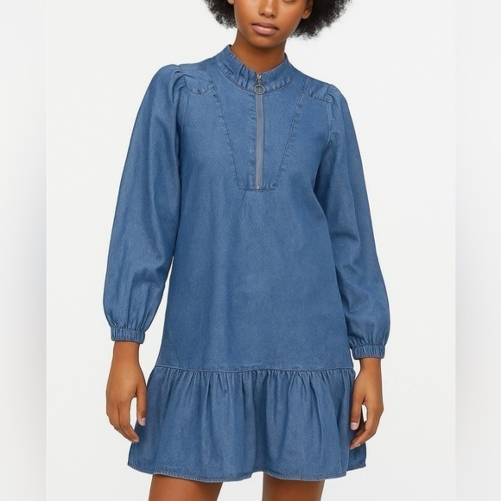 NEW Noisy May Blue Denim Ruffle Mini Shift Dress Zip Mock Collar Size Medium - Picture 1 of 15